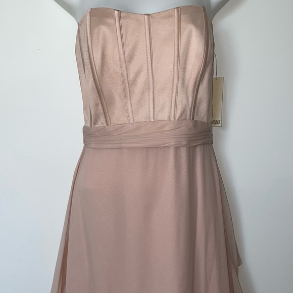 Badgley Mischka Blush Chiffon Strapless Gown - Picture 2 of 10